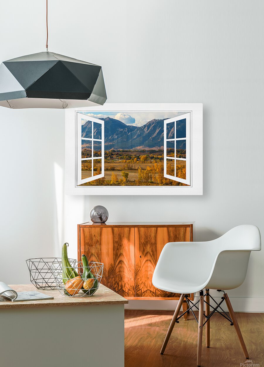 Boulder Flatirons Autumn White Open Window View  Impression métal HD avec cadre flottant sur le dos