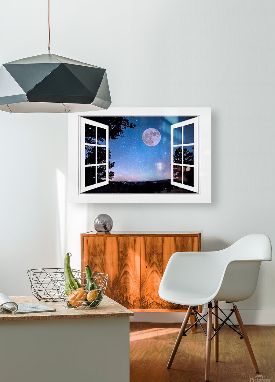 Starry Full Moon White Open Window View  HD Metal print with Floating Frame on Back