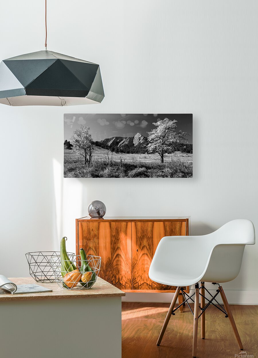 Boulder Colorado Flatirons Black White Pano  HD Metal print with Floating Frame on Back