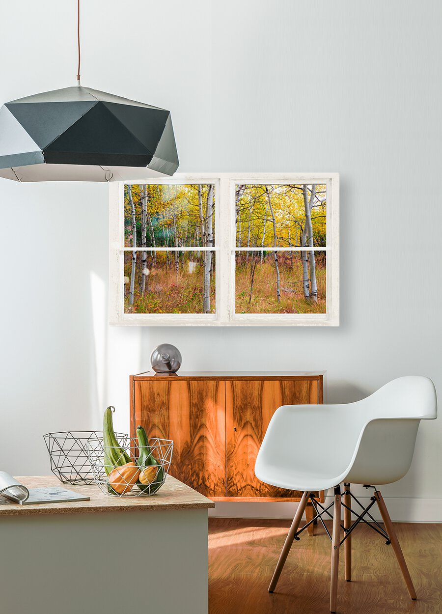 Happy Forest  Autumn Season Rustic Window View  Impression métal HD avec cadre flottant sur le dos