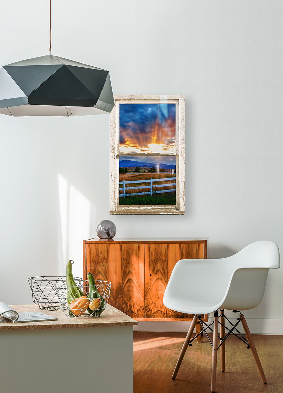 Country Beams sunlight White Barn Window  Impression métal HD avec cadre flottant sur le dos