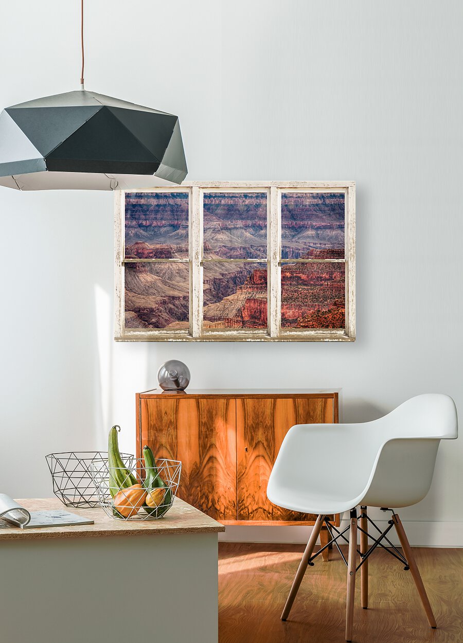 Rustic Window View Grand Canyon  Impression métal HD avec cadre flottant sur le dos