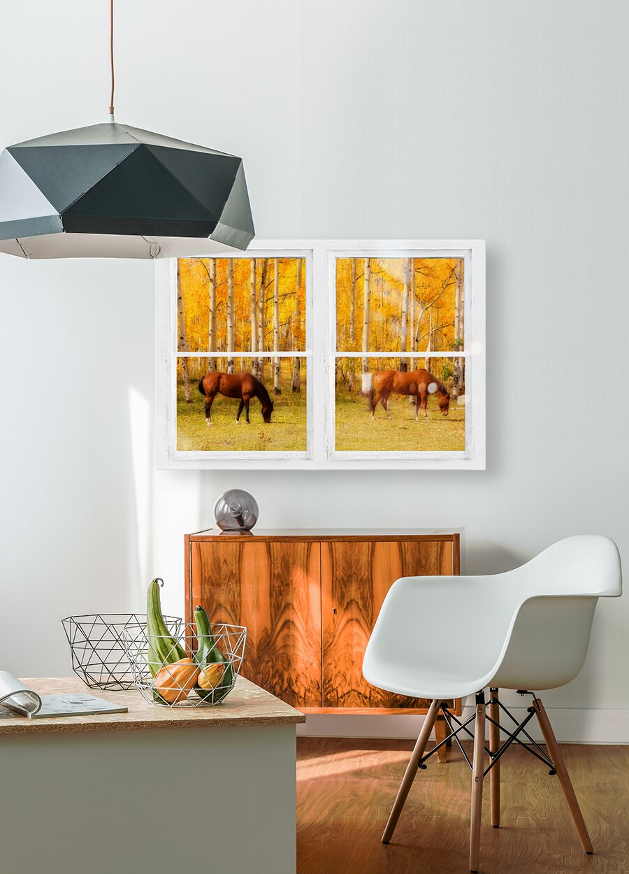 2 Horses Aspen Trees Whitewash Picture Window  HD Metal print with Floating Frame on Back