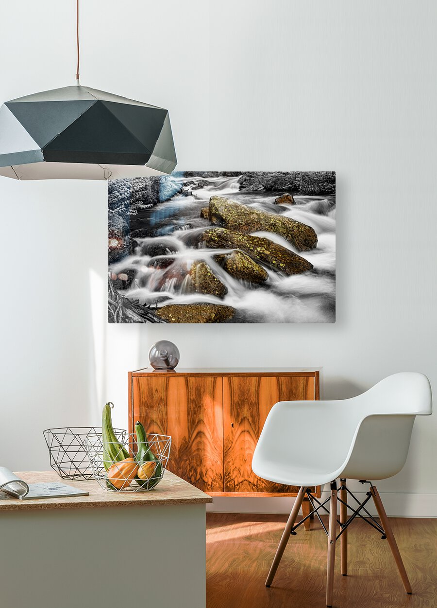 Cascading Water and Rocky Mountain Rocks BWSC  HD Metal print with Floating Frame on Back