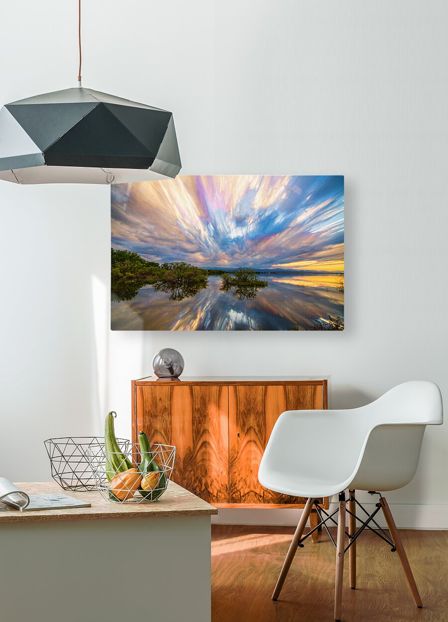 Sunset Lake Reflections Timed Stack   HD Metal print with Floating Frame on Back