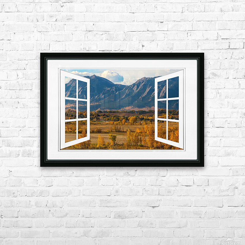 Boulder Flatirons Autumn White Open Window View HD sublimation métal imprimé avec décoration flotteur cadre (boîte)