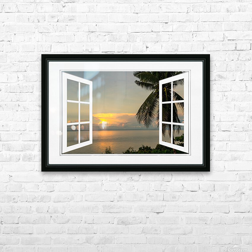 Tropical Sunset White Open Window Frame View HD Sublimation Metal print with Decorating Float Frame (BOX)