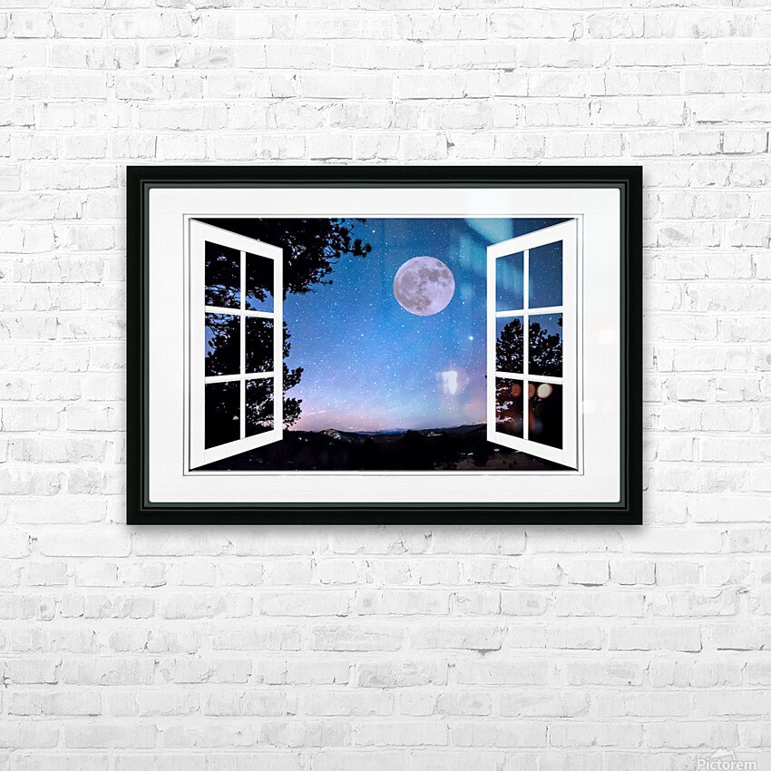 Starry Full Moon White Open Window View HD Sublimation Metal print with Decorating Float Frame (BOX)