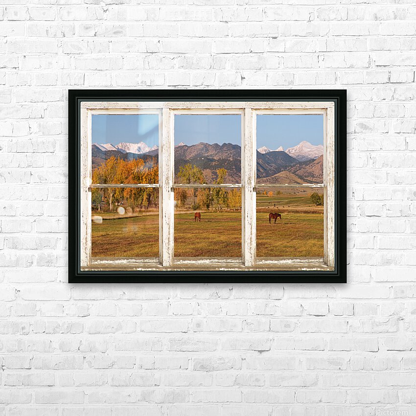 Horses Autumn White Barn Picture Window View HD Sublimation Metal print with Decorating Float Frame (BOX)