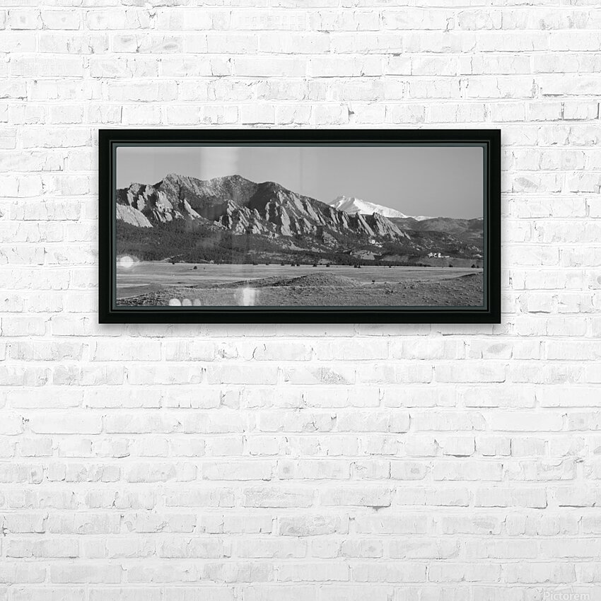 Boulder CO Flatirons Snow Covered Longs Peak Panorama BW HD sublimation métal imprimé avec décoration flotteur cadre (boîte)