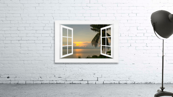 Tropical Sunset White Open Window Frame View