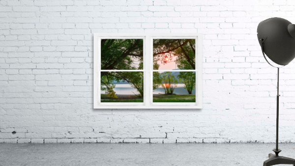 Sun Glowing Lush Trees Lakeside Whitewash Window by Bo Insogna