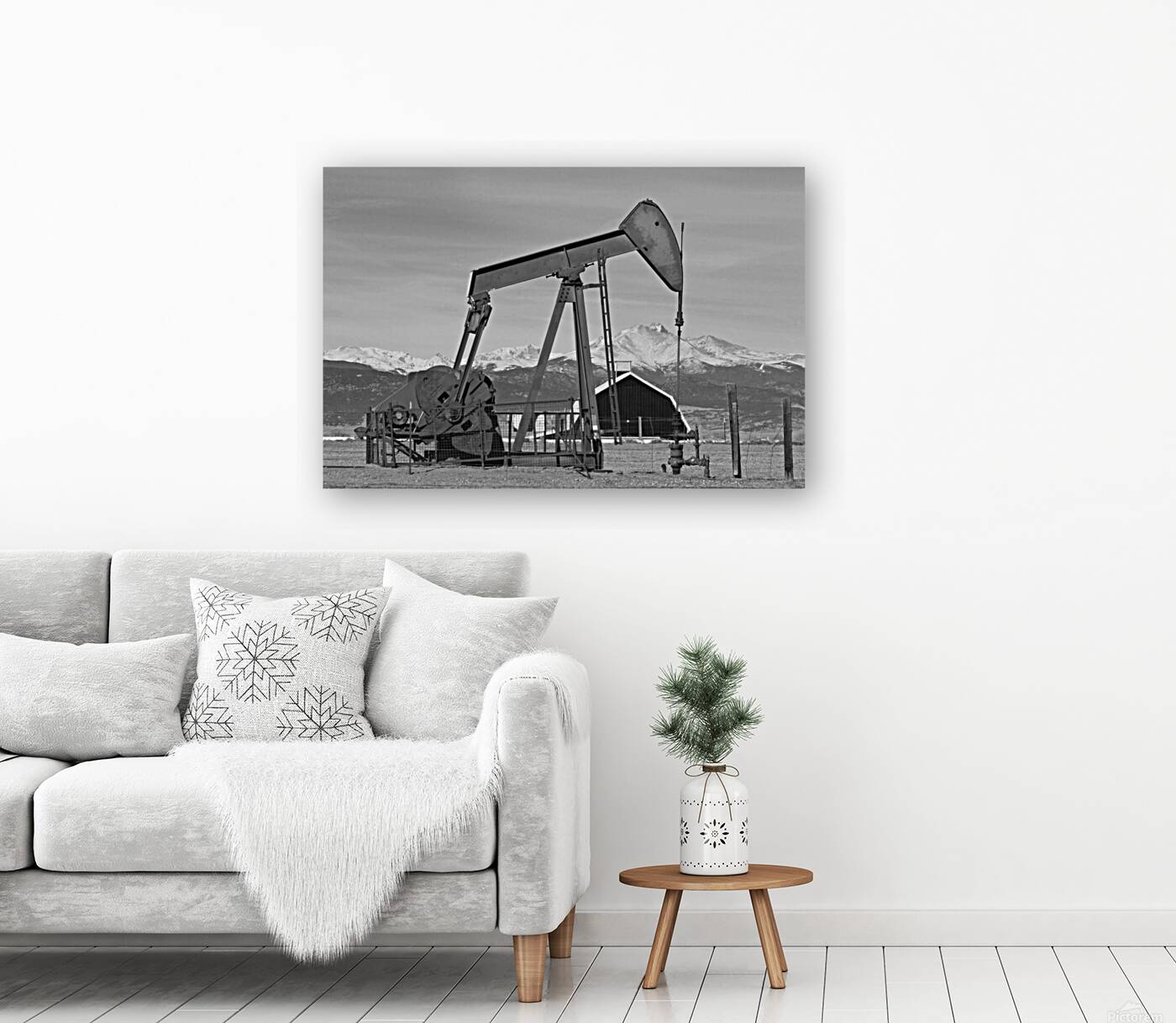 Oil Well Pumpjack Red Barn and Longs Peak BW Reproduction