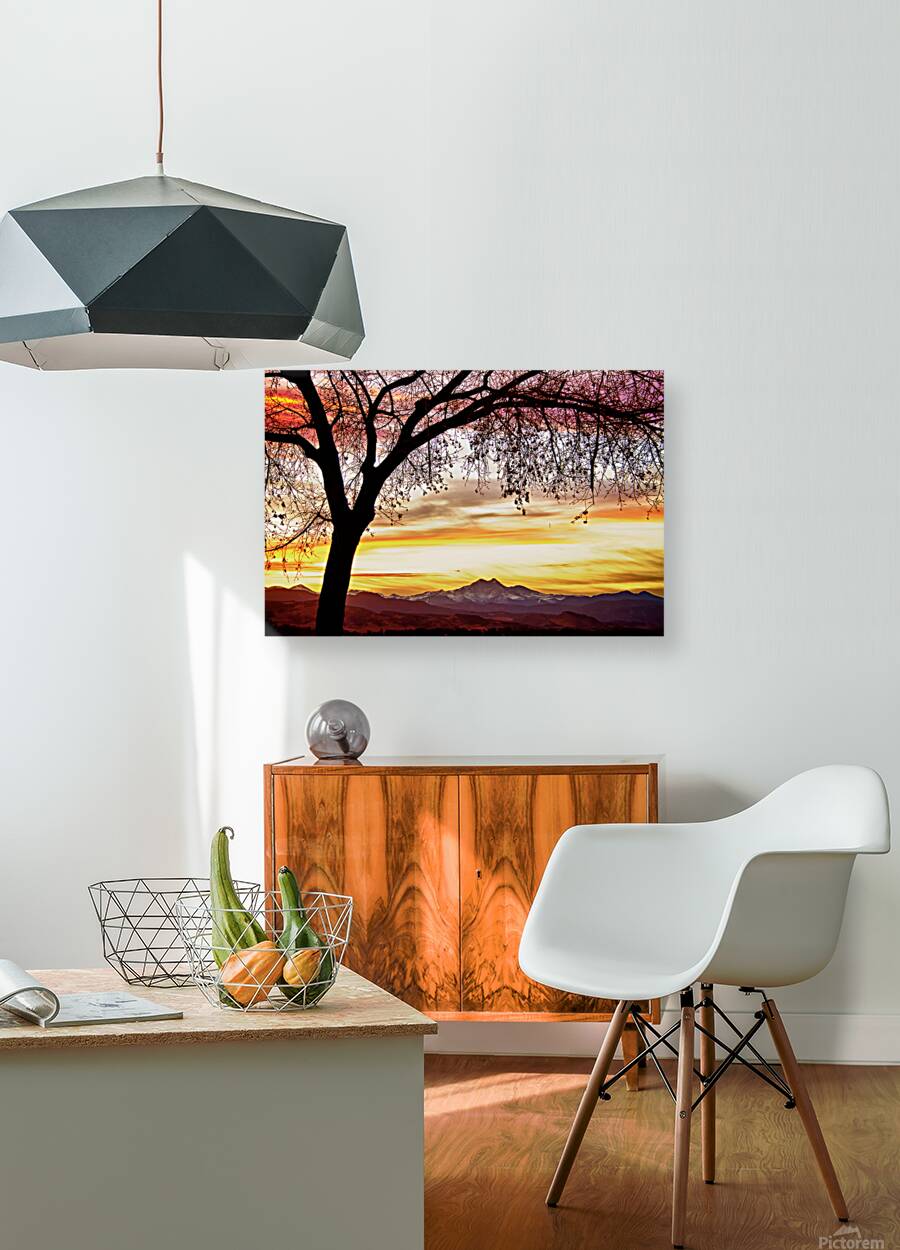 Colorado Sunset with Twin Peaks and Tree Silhouette Reproduction