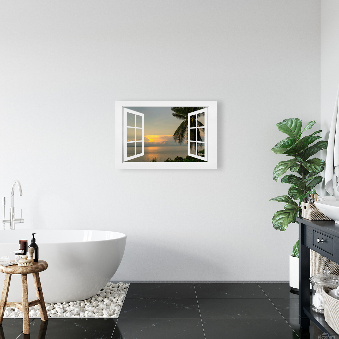 Tropical Sunset White Open Window Frame View  Art