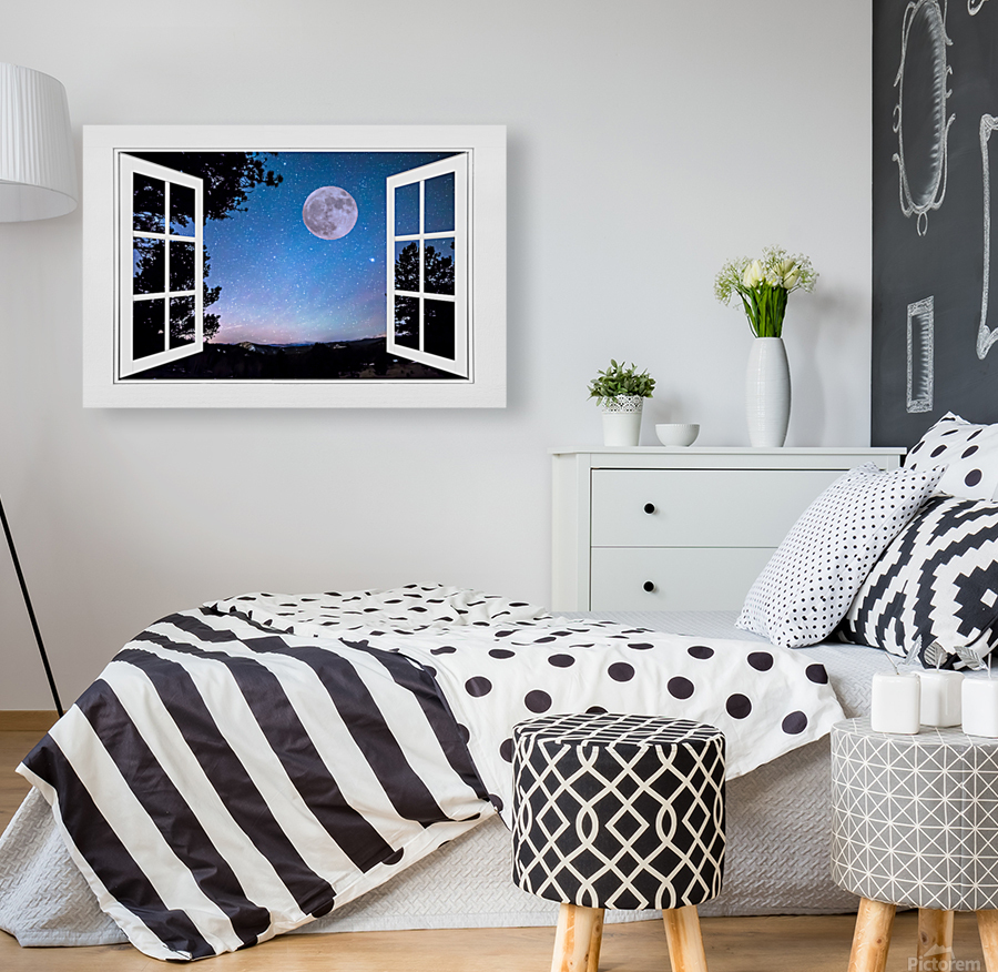 Starry Full Moon White Open Window View with Floating Frame