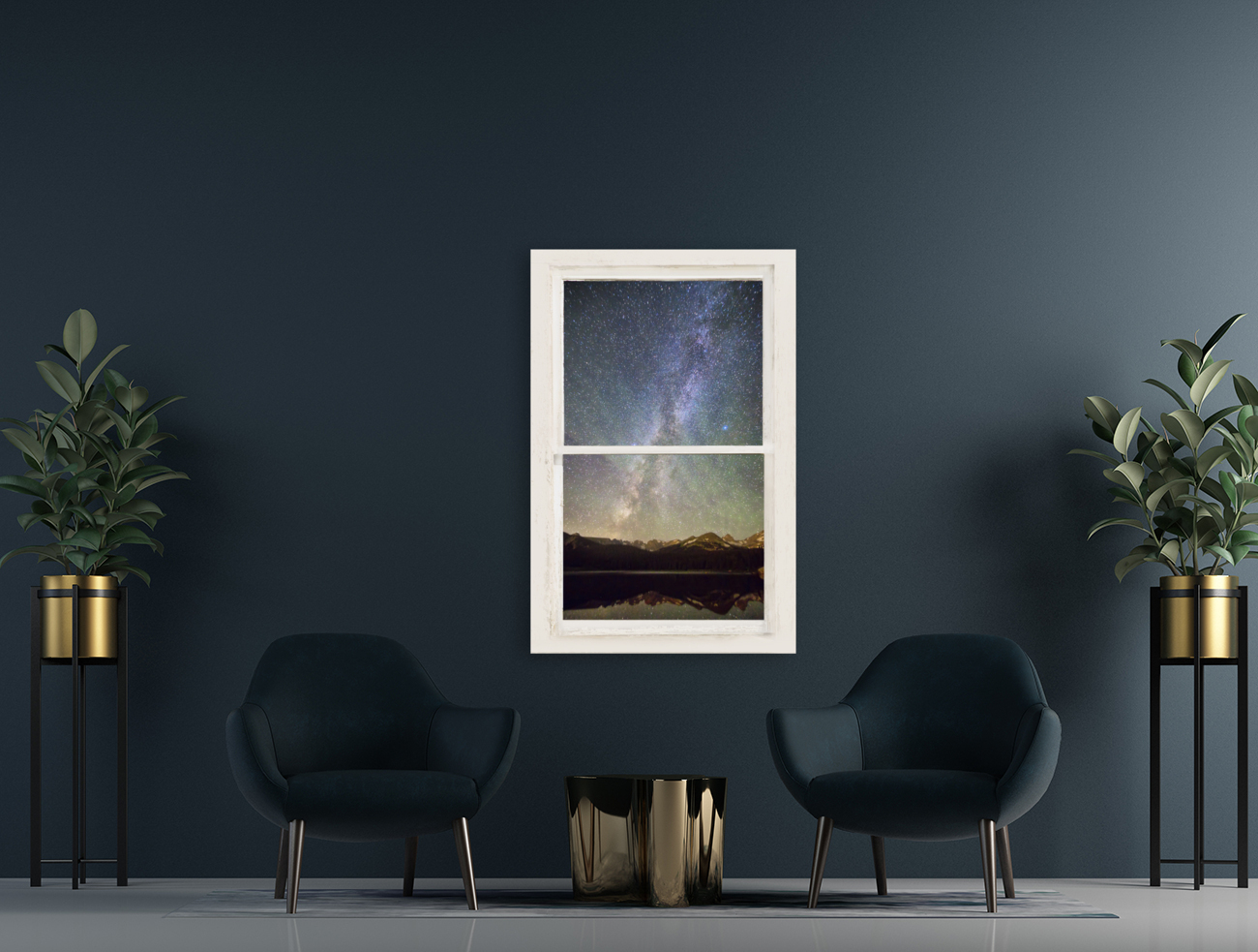 Milky Way Mountains White Rustic Window  back frame mount