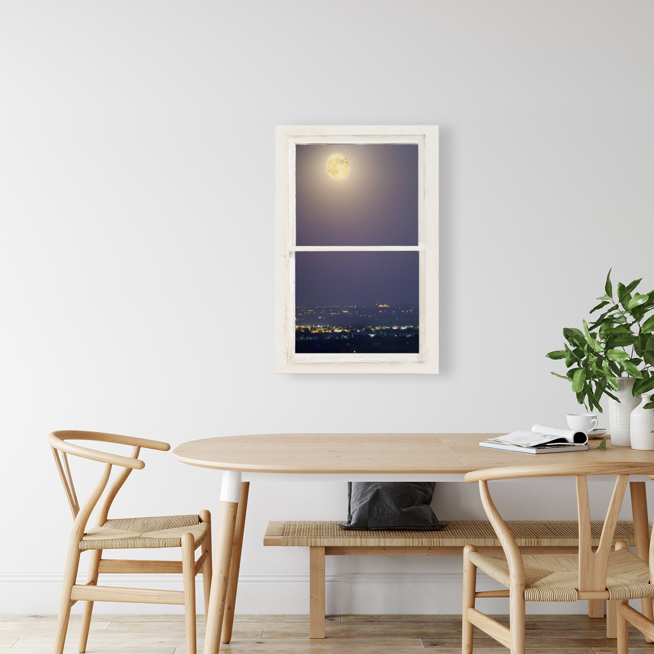 Super Moon City Lights White Rustic Window with Floating Frame