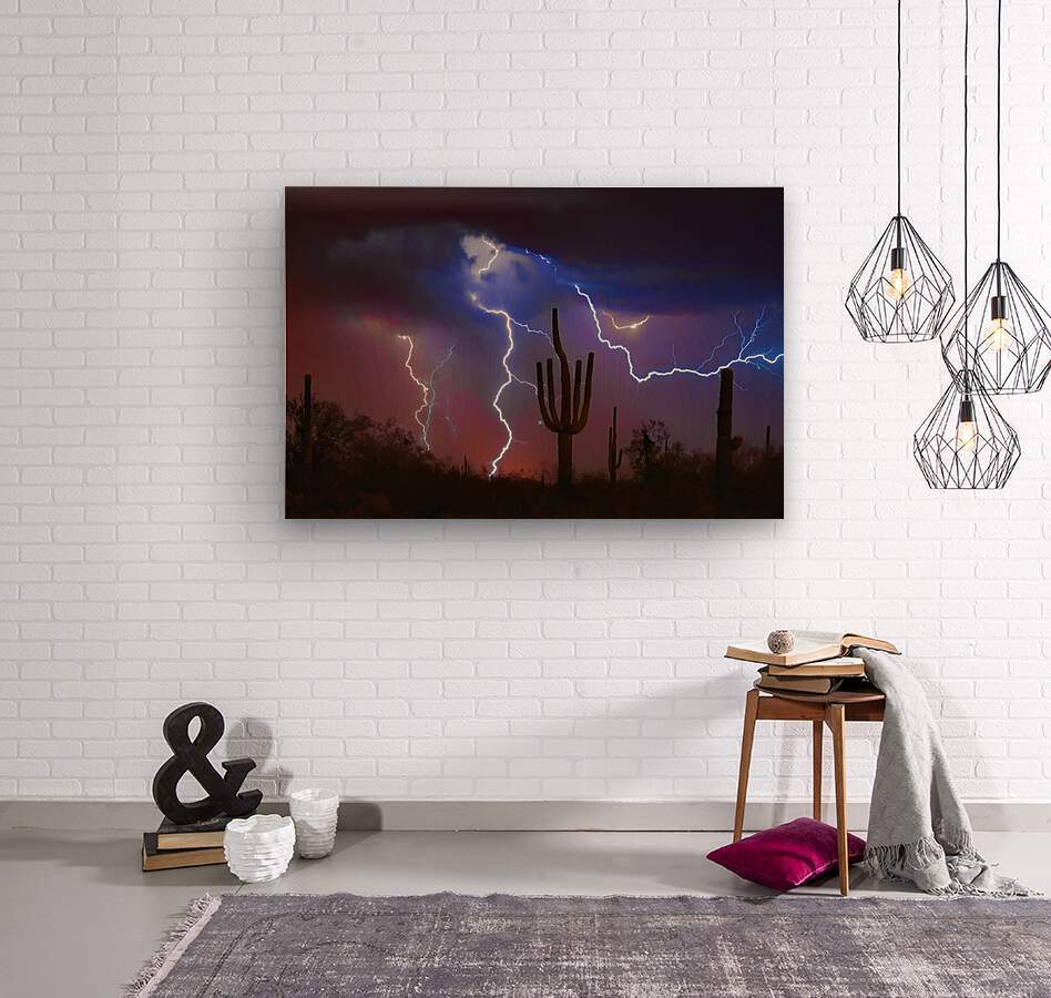 Saguaro Lightning Storm  Wood print