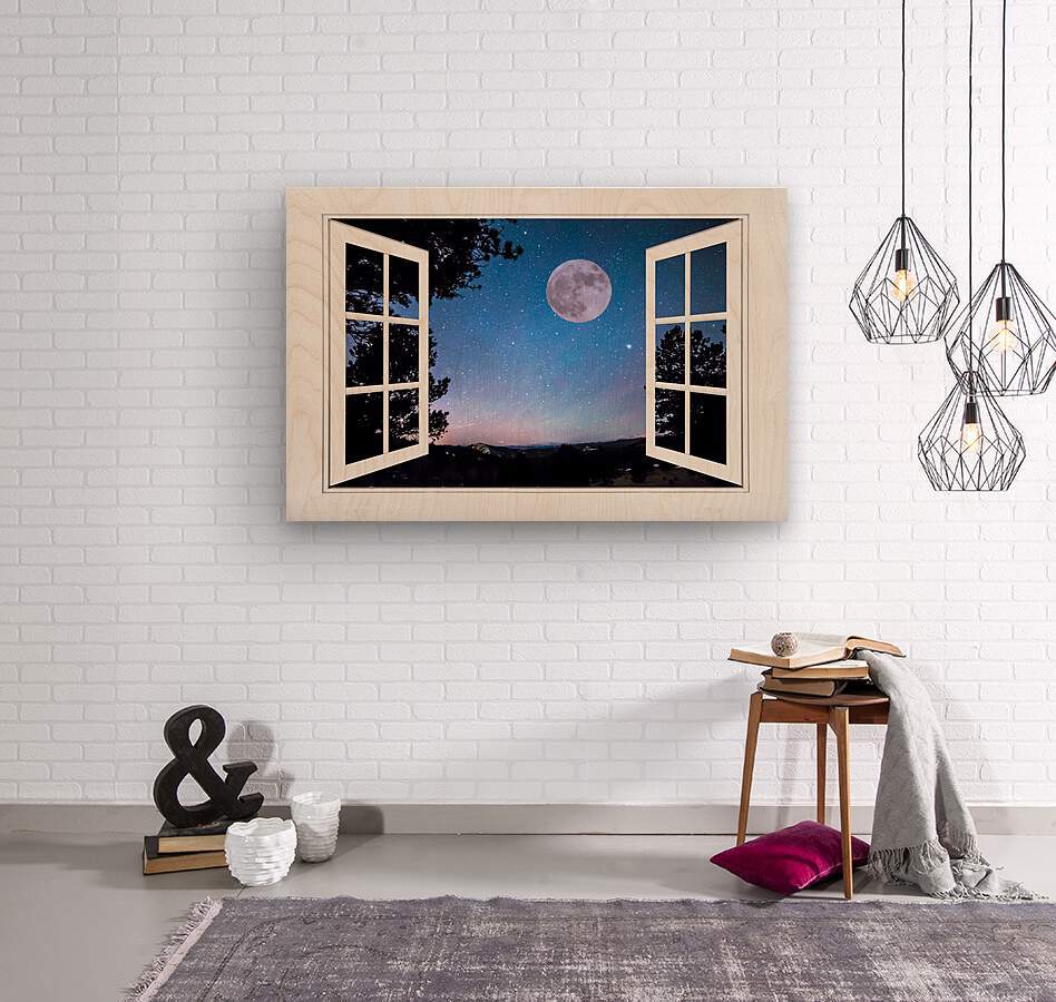 Starry Full Moon White Open Window View  Wood print