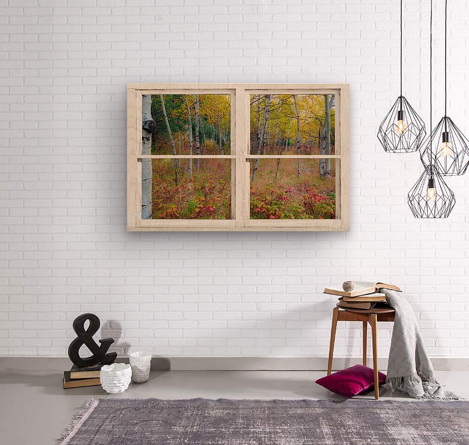 Autumn Forest Delight Rustic Window View  Wood print