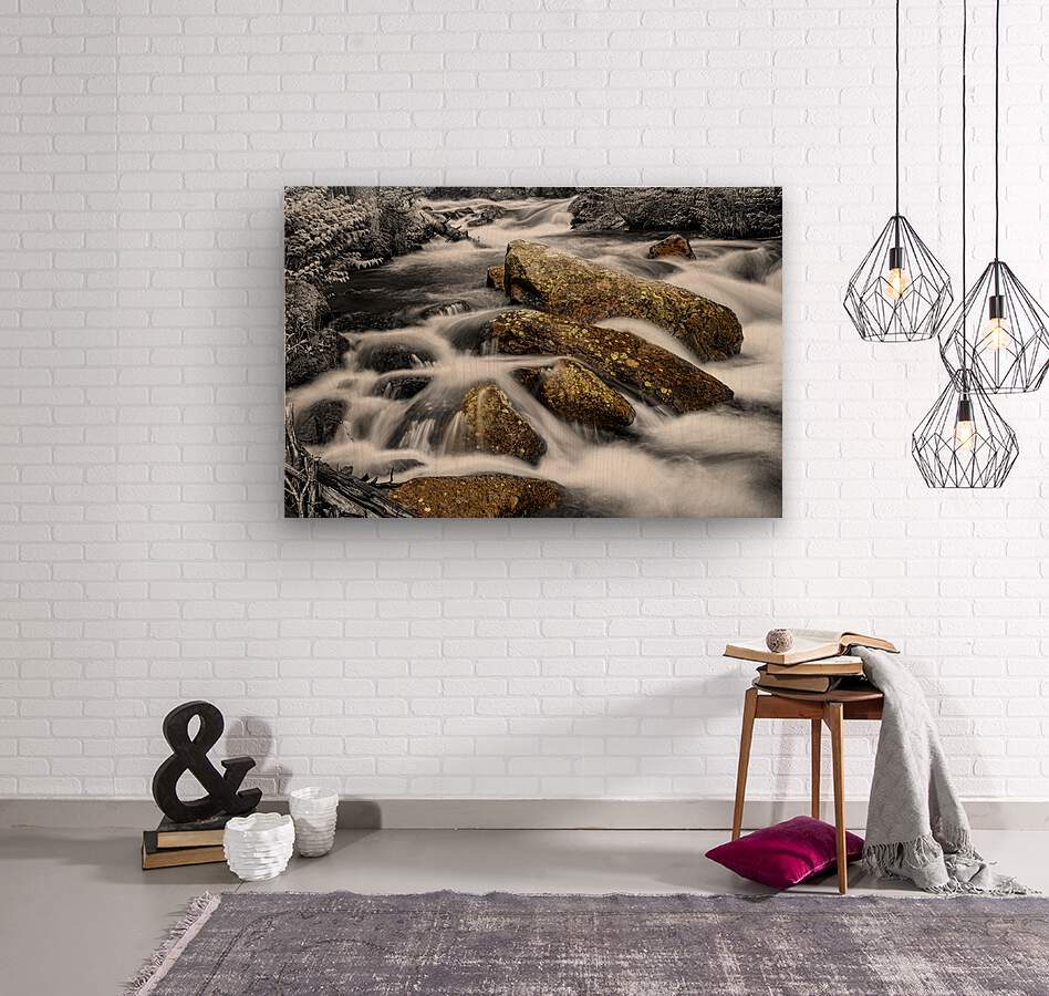 Cascading Water and Rocky Mountain Rocks BWSC  Wood print