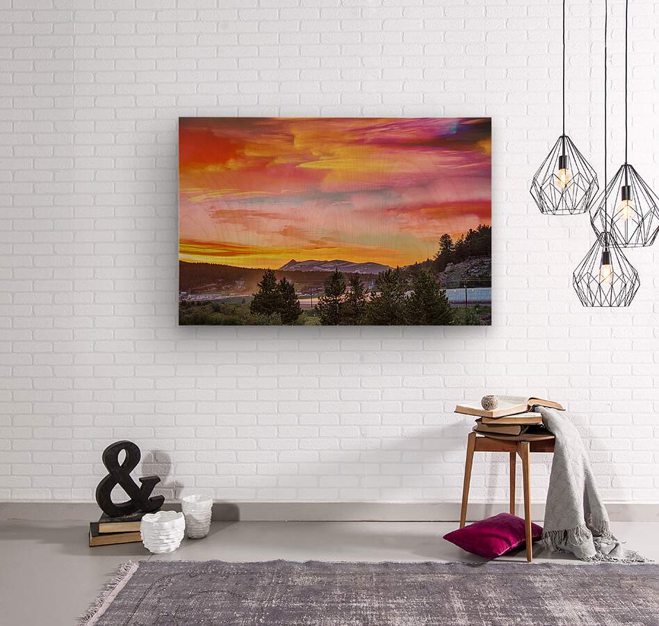 Small Mountain Town Sunset  Wood print