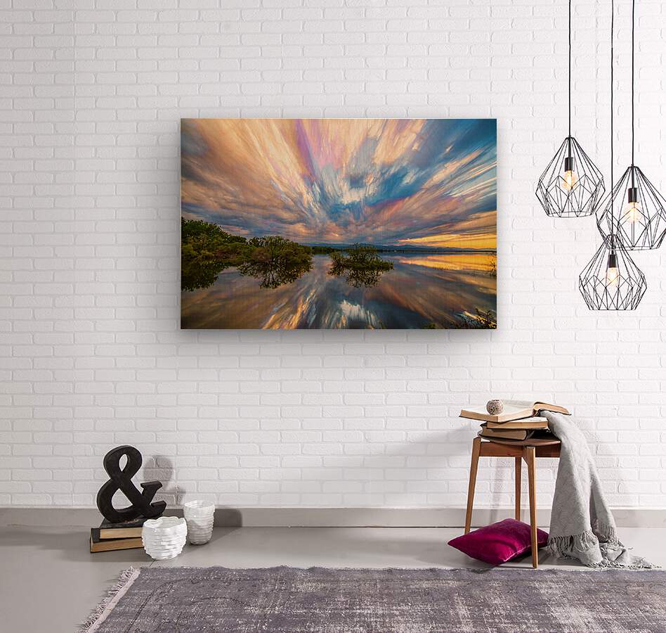 Sunset Lake Reflections Timed Stack   Wood print