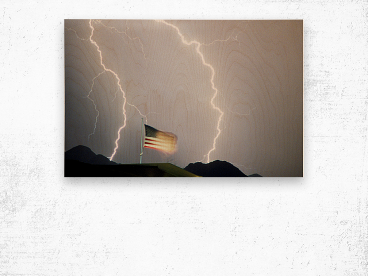USA Flag and Lightning Wood print