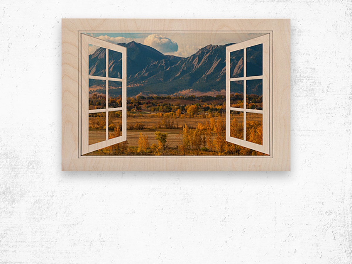Boulder Flatirons Autumn White Open Window View Wood print