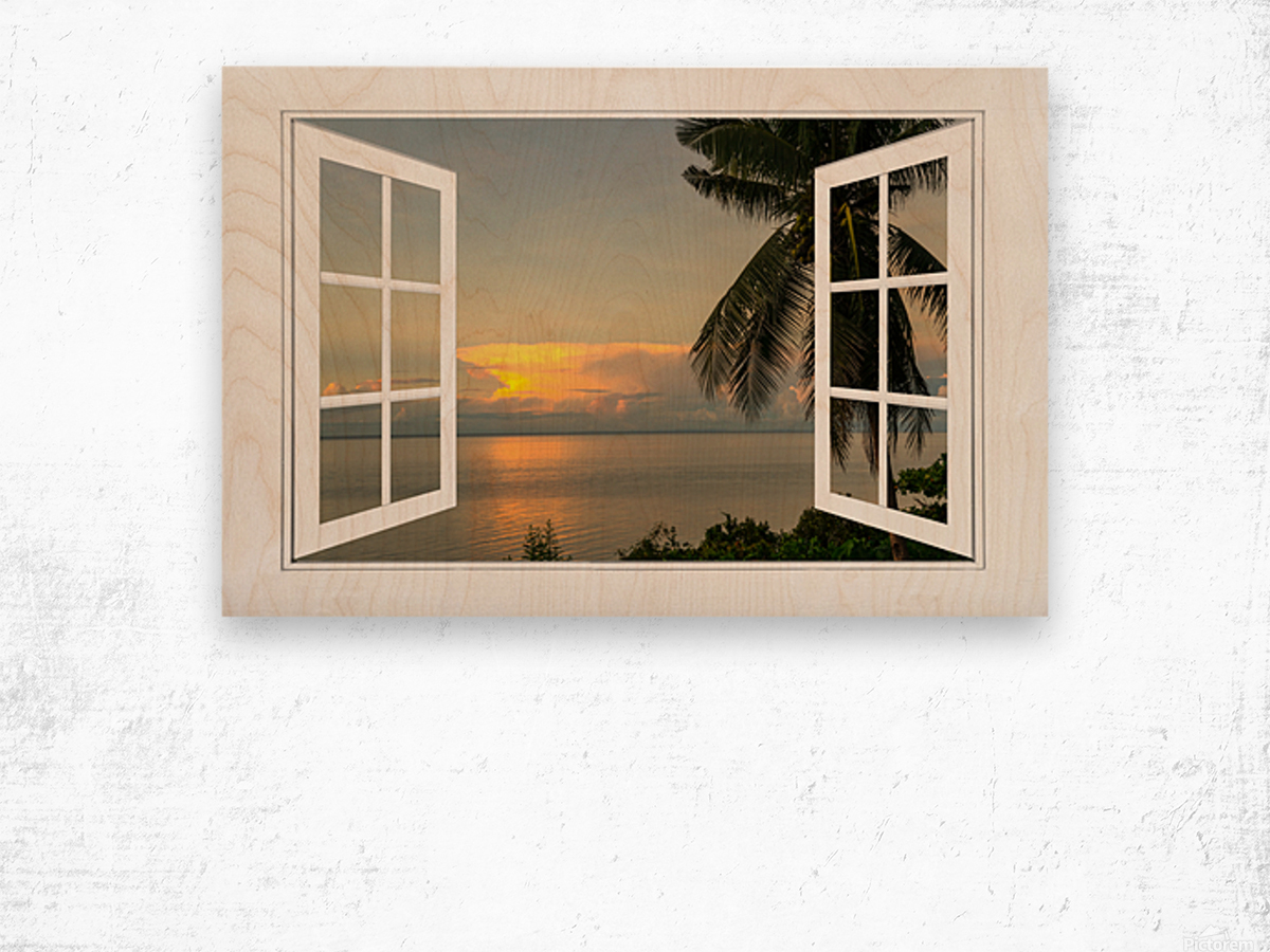 Tropical Sunset White Open Window Frame View Wood print
