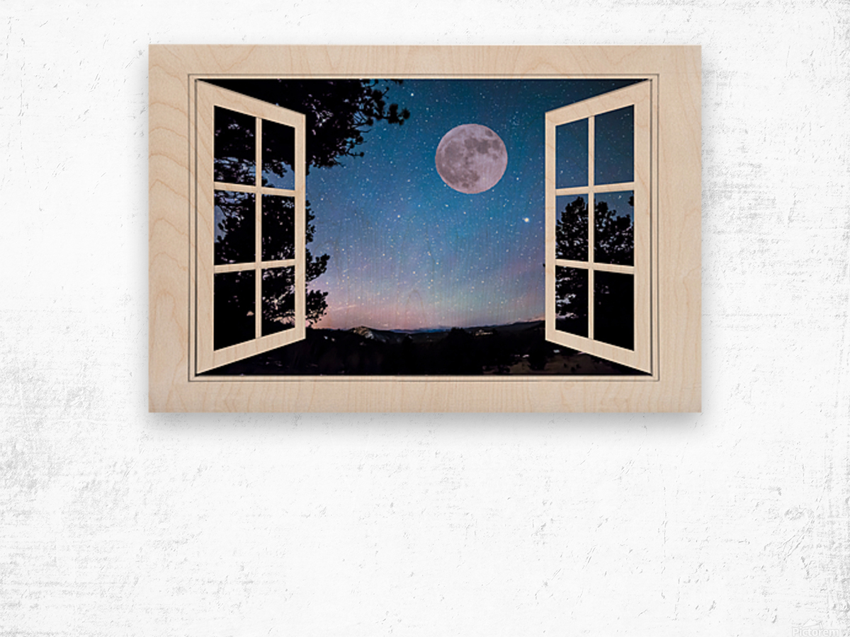 Starry Full Moon White Open Window View Wood print