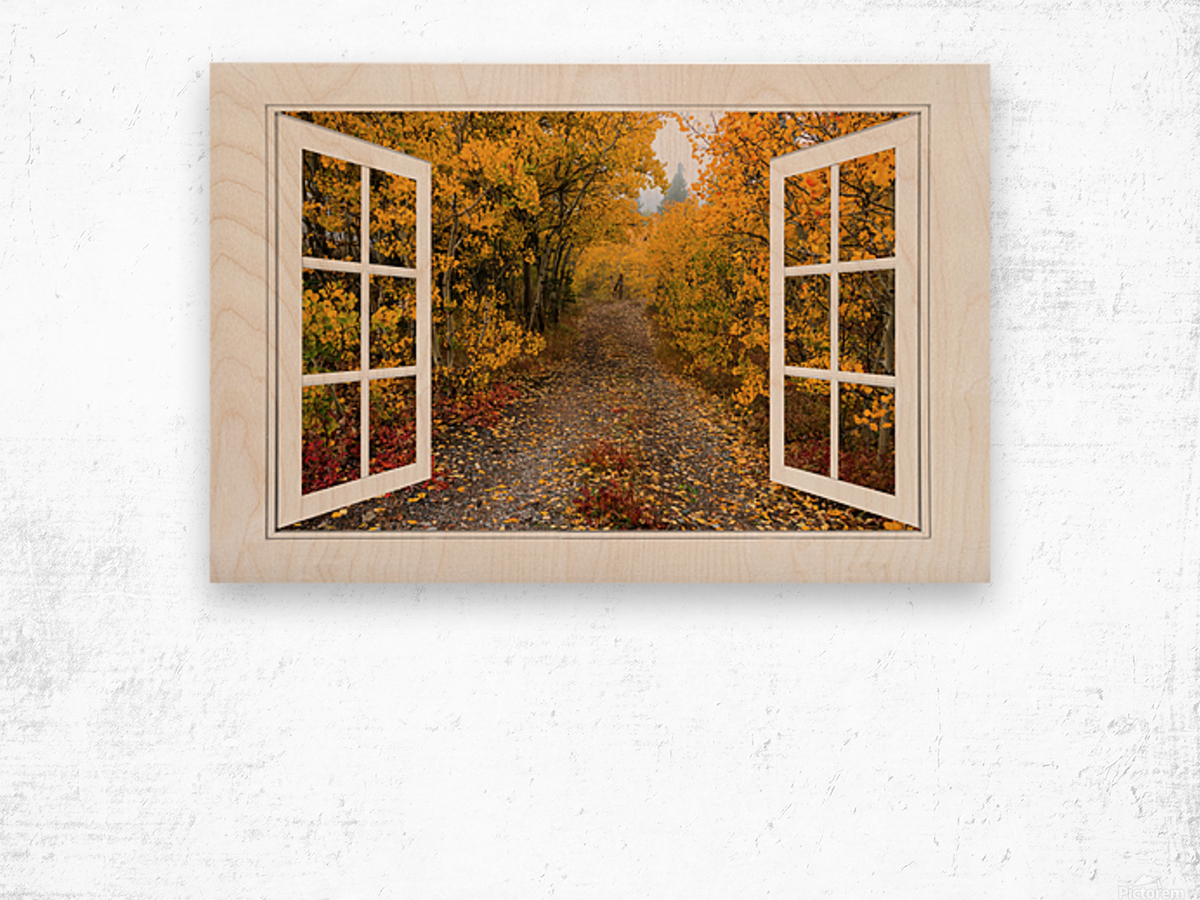 Colorful Trees Down the Drive White Open Window Wood print