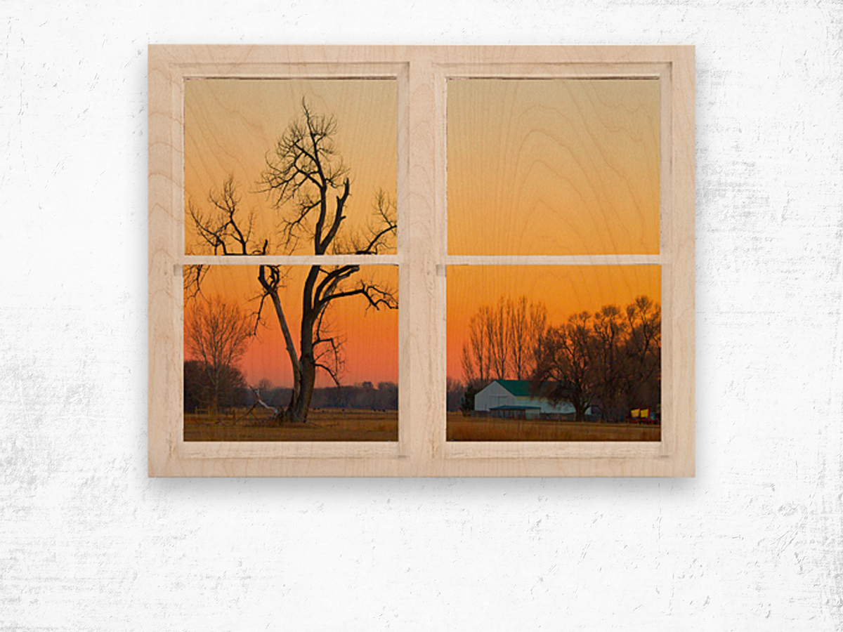 Winter Season Country Sunet White Window View Wood print