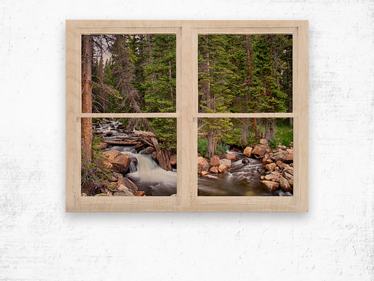 Rocky Mountains Forest Stream Rustic Window Wood print