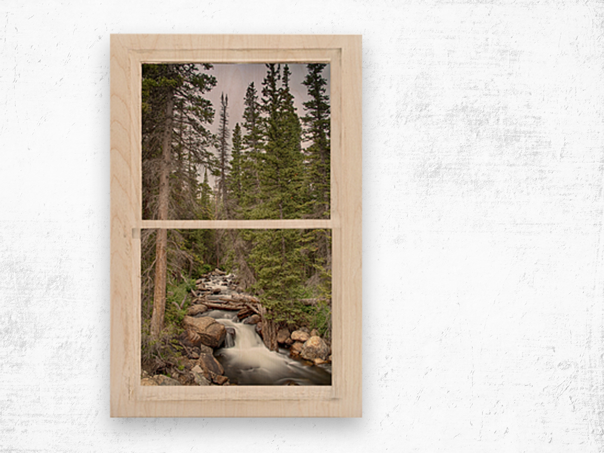 Rocky Mountain Stream White Rustic Window Wood print