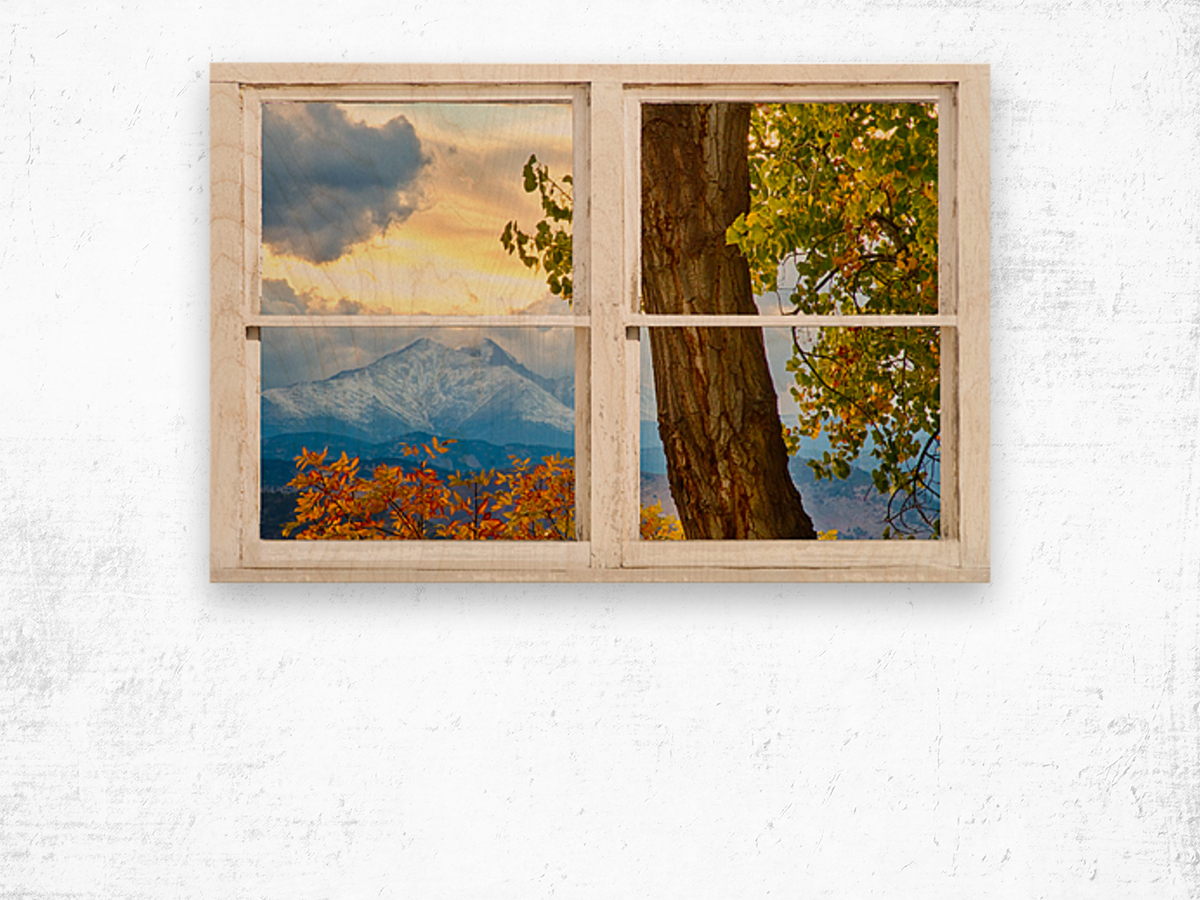 Rocky Mountain Autumn Season Rustic Window Wood print