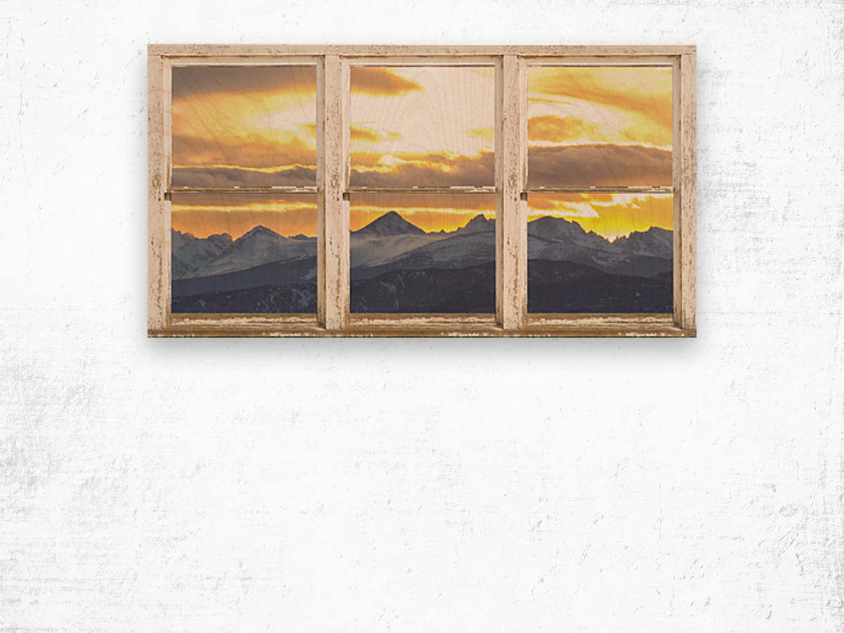 Rocky Mountain Sunset White Rustic Barn Window Wood print