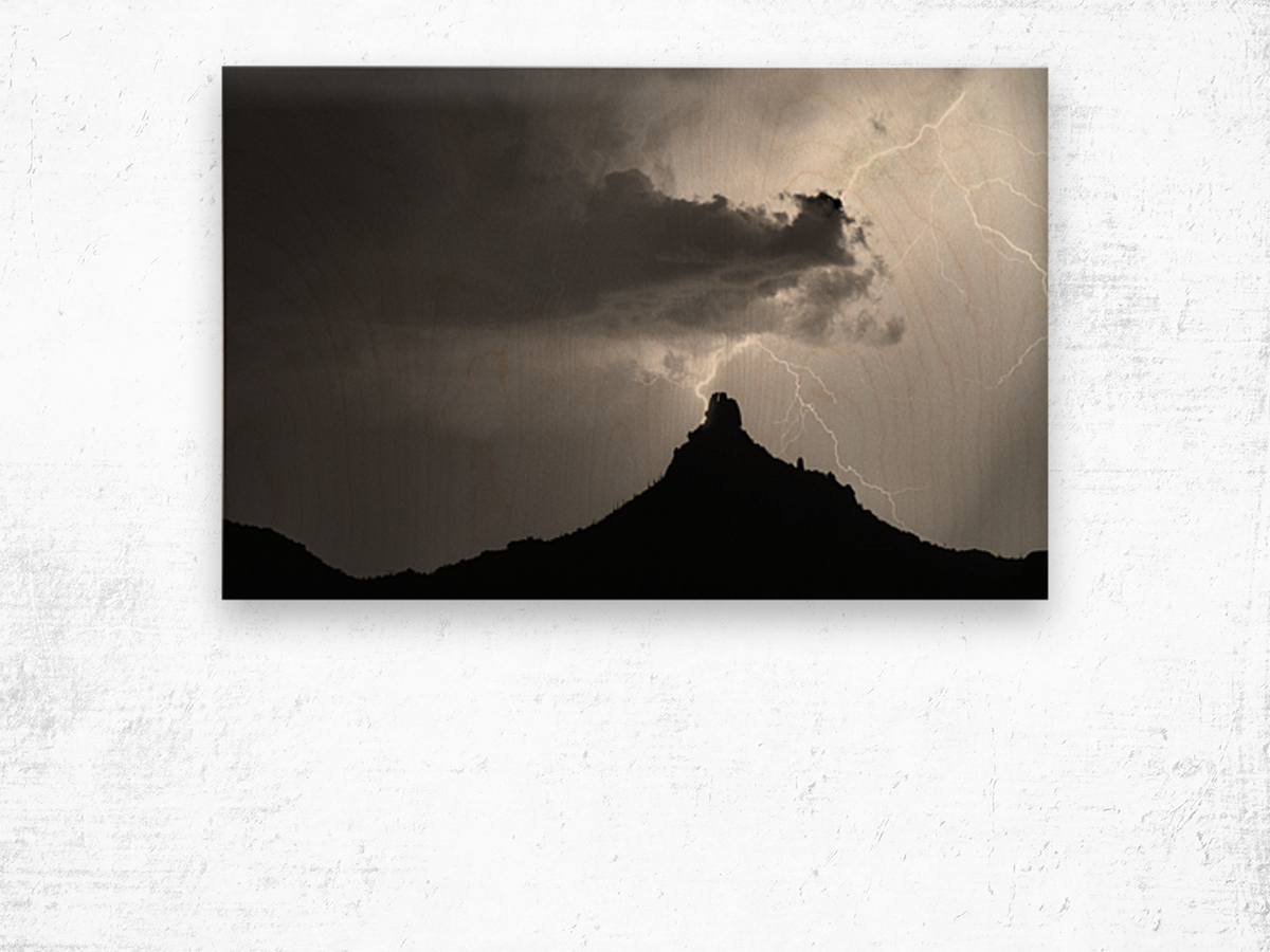 Pinnacle Peak Arizona Lightning Strike BW Wood print