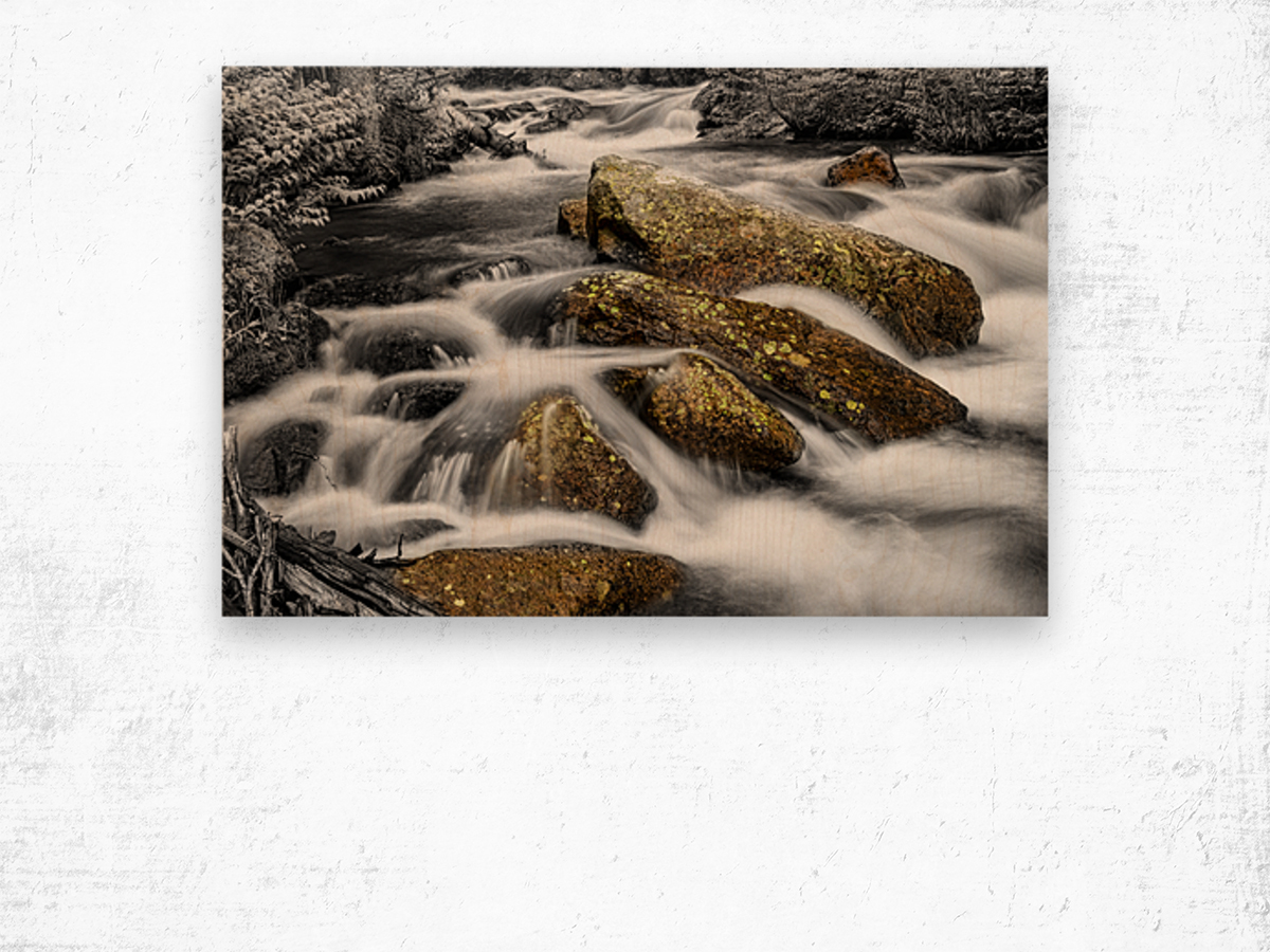 Cascading Water and Rocky Mountain Rocks BWSC Wood print