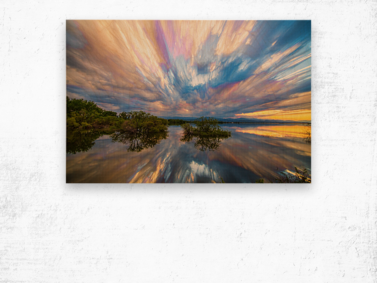 Sunset Lake Reflections Timed Stack  Wood print