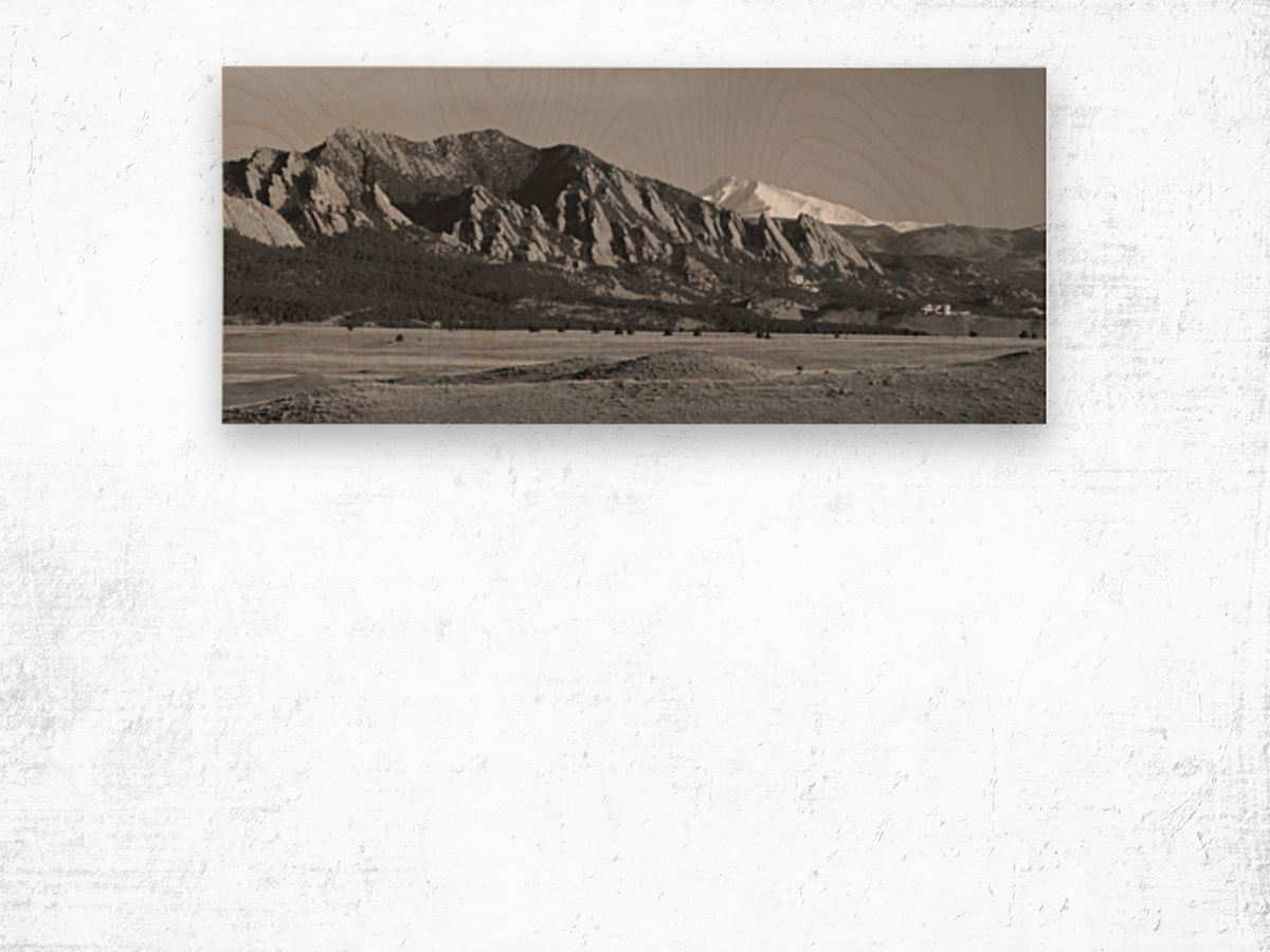 Boulder CO Flatirons Snow Covered Longs Peak Panorama BW Wood print